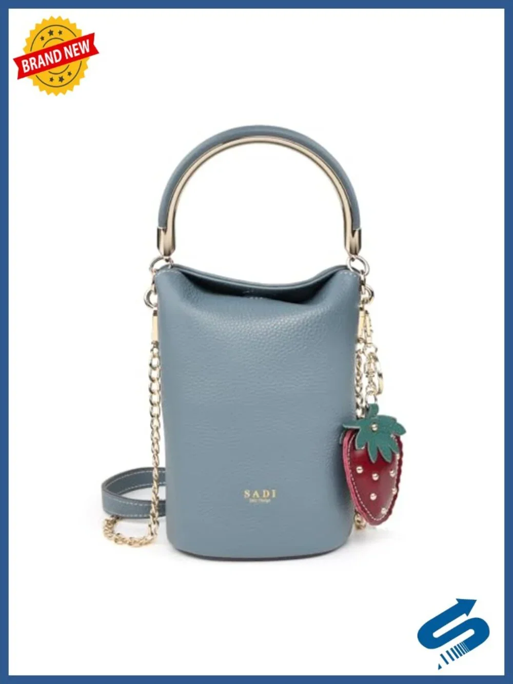 Genuine Leather Bucket Bag Convertible Crossbody Handbag with Strawberry Charm